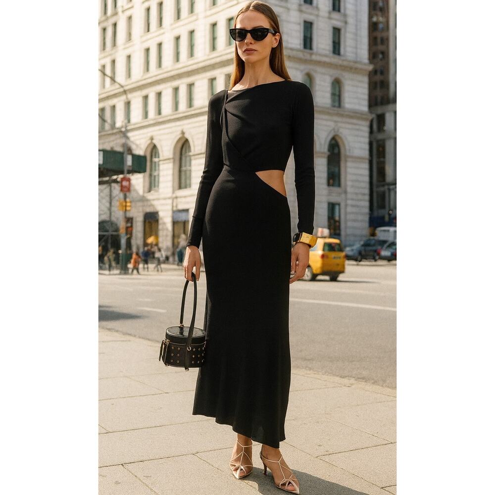 Paris Georgia Lola Black Cutout Draped Ribbed Knit Maxi Dress S (2/4) NWT